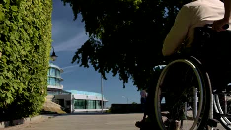 Vista-posterior-de-un-voluntario-caminando-con-un-hombre-wheelchaired