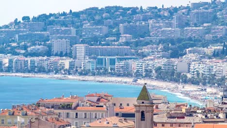 Nice-beach-day-landscape-aerial-top-view-timelapse,-France