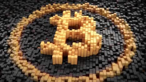 Verkleinern-Sie-pulsierende-3d-Pixel-bilden-ein-orange-Bitcoin-Zeichen