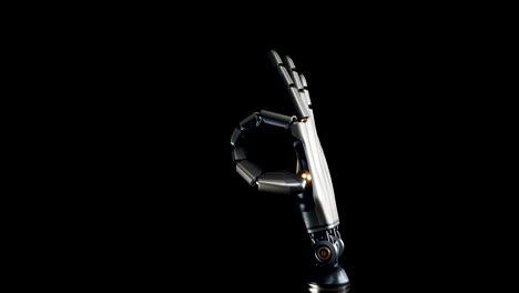 Robotic-palm-shows-Ok-symbol.-Futuristic-arm,-metal-shines,-black-background,-60-fps-animation.