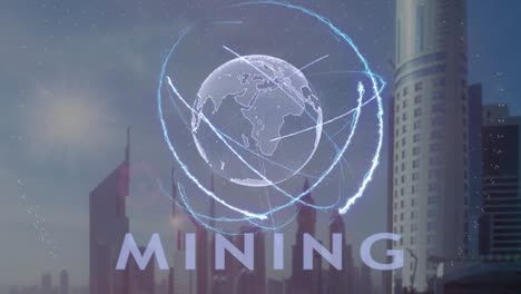 Text-Mining-mit-3d-Hologramm-des-Planeten-Erde-vor-dem-Hintergrund-der-modernen-Metropole