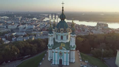 Kiev-(Kyiv),-Ukraine.-Flying-around-Saint-Andrew's-church-at-sunrise.-4K,-UHD