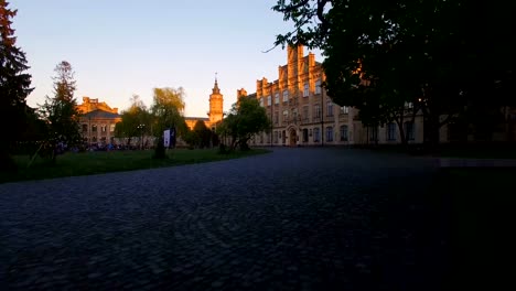 Old-university-on-the-background-of-the-city-at-sunset-aerial