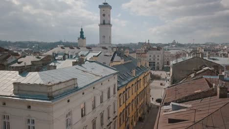 Aerial-City-Lviv,-Ukraine.-European-City.-Popular-areas-of-the-city.-Rooftops