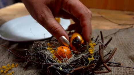 Female-hand-takes-quail-eggs-from-a-white-plate