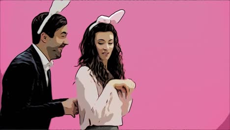 A-young-lovers-couple-appears-on-the-pink-background,-reproducing-horses-of-hares.-With-the-ears-of-a-pink-rabbit-on-the-head.-Easter-concept.