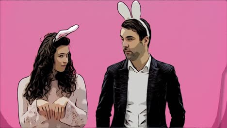 Young-beautiful,-tender-creative-pair-standing-on-a-pink-background.-At-the-same-time,-fooling-shows-the-movements-of-bunnies.-Easter.-Animation.