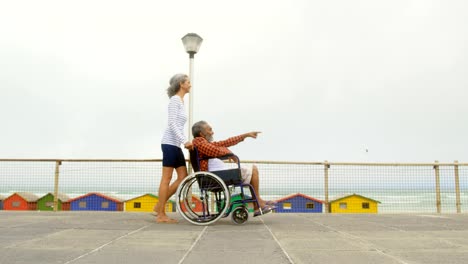 Side-view-of-active-senior-African-American-woman-pushing-disabled-man-in-wheelchair-on-promenade-4k