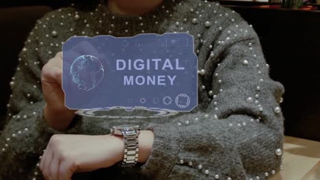 Woman-uses-hologram-watch-with-text-Digital-money