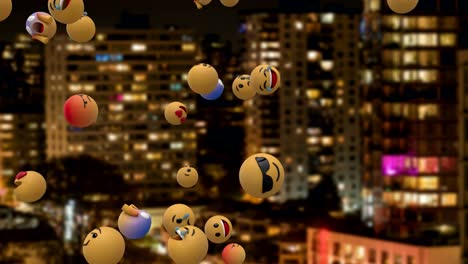 Emoji-icons-flying-over-cityscape-4k