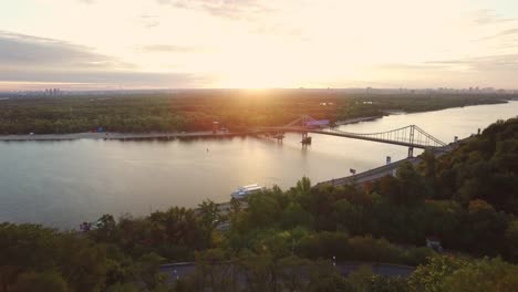 Aerial-view-monument-Prince-Vladimir-in-Kiev-city-on-evening-sunset-landscape