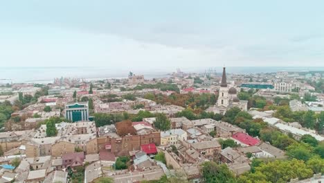 Cinematic-aerial-view-of-old-city-and-Transfiguration-Cathedral-in-Odessa.