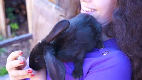 Konzept-niedliche-schöne-Tiere.-Hase-in-den-Händen-eines-Teenagers.-Viehzucht-und-Landwirtschaft,-Kaninchenfarm,-Kinder-und-Tiere,-Sommerferien.-Kontakt-mit-Hasen-und-Haustieren.-Nahaufnahme.