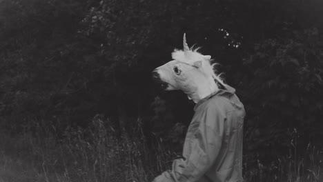 4K-Halloween-Mann-mit-Einhorn-Pferd-Maske-tanzen