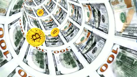 Bitcoins-de-vuelo-a-través-de-un-túnel-de-billetes-de-un-dólar