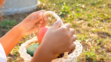 Nahaufnahme-der-Kinder-Hand-hält-einen-Korb-mit-Ostereiern-im-Sonnenschein-Hintergrund