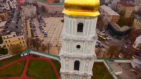 Aerial-view-Saint-Sophia-Cathedral-in-Kyiv.-Ukraine,-Europe.-Architectural,-religion-and-historical-monument-of-Kiev-in-autumn