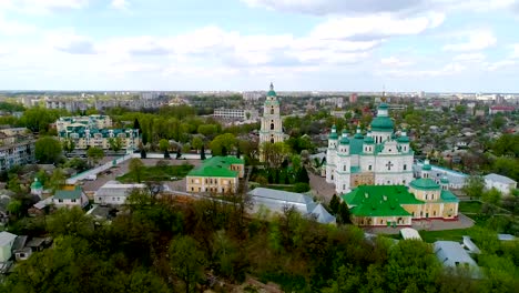 Aerial-view-at-the-town-from-the-top-of-the-highest-buildings-in-Chernigov---Troitsko-Ilyinsky-Monastery-bell-tower.