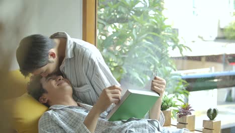 Asiático-gay-pareja-joven-sentada-en-el-alféizar-de-la-ventana-y-leyendo-el-libro-en-casa-en-la-mañana.