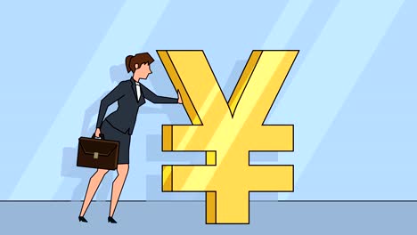 Flat-cartoon-businesswoman-character-with-case-bag-pushes-a-yen-sign-money-concept-animation-with-alpha-matte