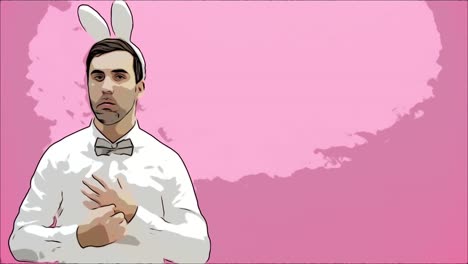 Young-handsome-man-standing-on-a-pink-background.-Dressed-in-a-white-shirt-with-rabbit-ears-on-his-head.-Putting-a-hand-on-the-hand,-serious,-looking-into-the-camera.-Easter-concept.