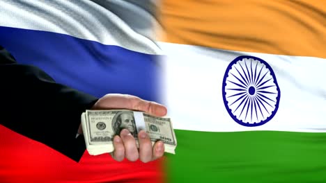 Funcionarios-de-Rusia-e-India-intercambian-tanque-por-dinero,-protección-de-antecedentes-de-bandera