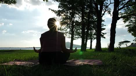 Asian-women-practicing-yoga-relax-in-nature-in-the-evening-sunlight,-Lotus-pose-on-meditation-session.-Fitness-and-healthy-lifestyle-concept.