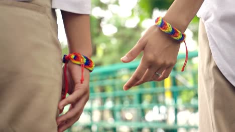 Slow-motion-Close-up-of-happy-lesbian-couple-holding-hands,-LGBT-love-concept