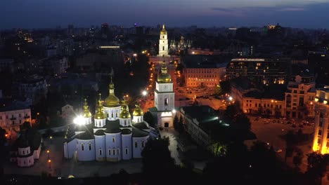 Aerial-view-of-St.-Michael's-Cathedral-and-St.-Sophia-Cathedral-at-night