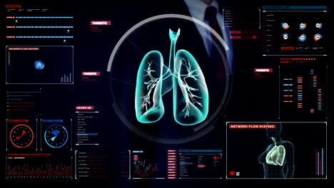 Businessman-touching-digital-screen,-Rotating-Human-lungs,-Pulmonary-Diagnostics.