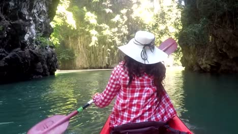 Woman-Paddling-On-Kayak-In-Beautiful-Lagoon-Action-Camera-POV-Girl-Kayaking-Back-Rear-View