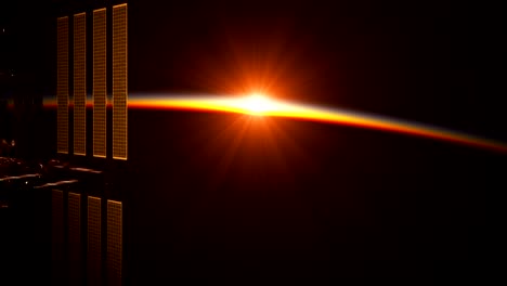 Flug-der-internationalen-Raumstation-ISS-In-den-Strahlen-der-aufgehenden-Sonne