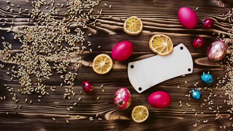 Сolorful-pastel-easter-eggs-on-wooden-board-background-with-space-vintage-toned