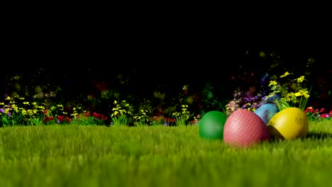 Easter-eggs-on-green-meadow-with-particles-flying