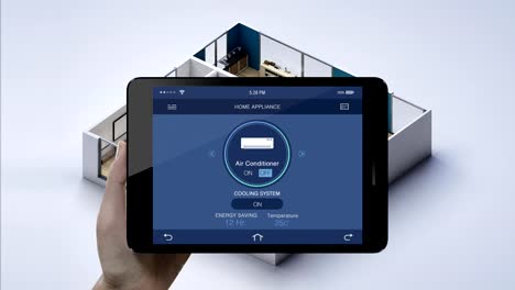 House-drawing-plan,-Touching-smart-pad,-tablet-IoT-Home-appliance,-Air-conditioner-control-.Internet-of-Things,-IoT-smart-home.