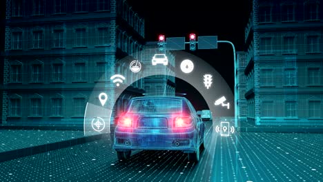 IoT-car-connect-traffic-information-control-system,-select-application,-Internet-of-things.-4k-size