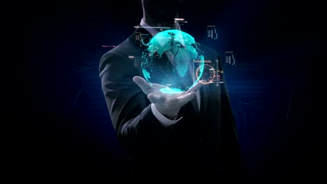 Businessman-opens-palm,-Digital-signal-makes-global-world-map,-Rounded-digital-earth,-Global-network-connection,-internet-of-things.-4k-movie.