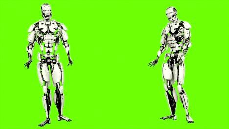 Android-Roboter-stimmt.-Realistische-geschlungene-Bewegung-auf-green-Screen-Hintergrund.-4K