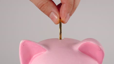 CLOSE-UP:-Male-hand-throws-golden-coin-into-a-pink-piggy-moneybox