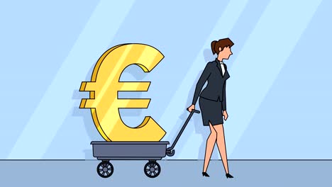 Flat-cartoon-businesswoman-character--pulls-cart-with-euro-sign-money-concept-animation-with-alpha-matte