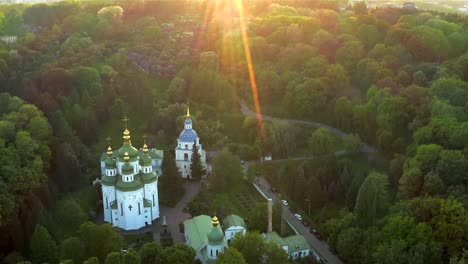 Aerial-view-of-the-Vydubychi-Monastery,-at-sunset,-Kyiv,-Ukraine