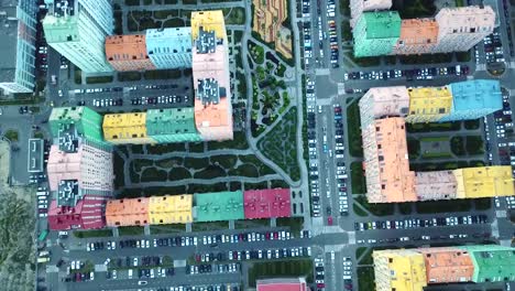 top-view-of-a-cozy-colorful-district,-colorful-houses-and-roads-filled-with-cars,-Comfort-Town-in-Kiev,-Ukraine