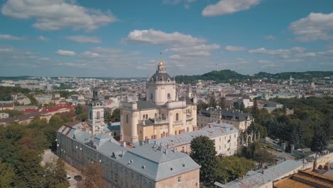 Aerial-view-of-St.-Jura-St.-George's-Cathedral-church-in-town-Lviv,-Ukraine