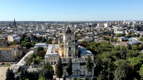 Aerial-view-of-Church-of-St.-George-St.-Jura-in-Lviv.-Flight-over-the-city-of-Lviv-and-the-Cathedral-church.