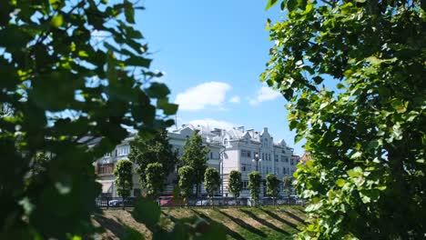 Close-up-view-of-green-leaves-with-Chernoyarovsky-Passage,-on-the-background-in-summer-day.-Stock-footage.-Kazan-city,-Tatarstan-republic,-Kremlevskaya-street