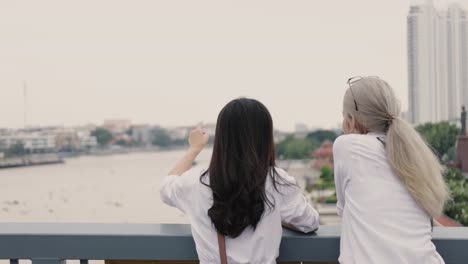 Back-view-of-Asian-lesbian-couples-enjoying-traveling-and-talk-while-standing-on-the-bridge.-LGBT-concept.