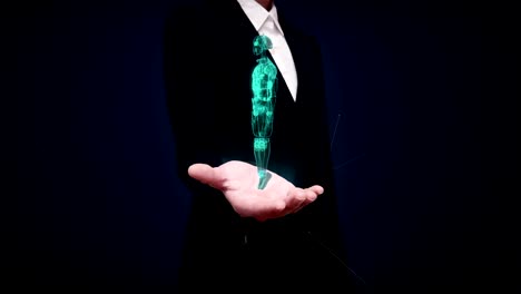 Businesswoman-open-palm,-Rotating-transparency-3D-robot-body,-X-ray-scan.