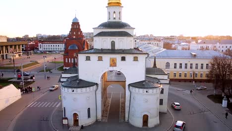 aerial-shot-Golden-gate-in-Vladimir,-Russia