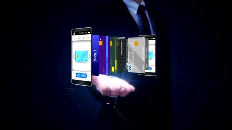 Businessman-open-palm,--Select-credit-card-in-smartphone,-mobile,-concept-of-mobile-payment,-select-main-mobile-credit-card.