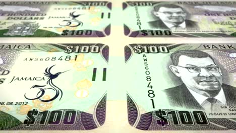 Banknotes-of-one-hundred-jamaican-dollars-of-Jamaica-rolling,-cash-money,-loop